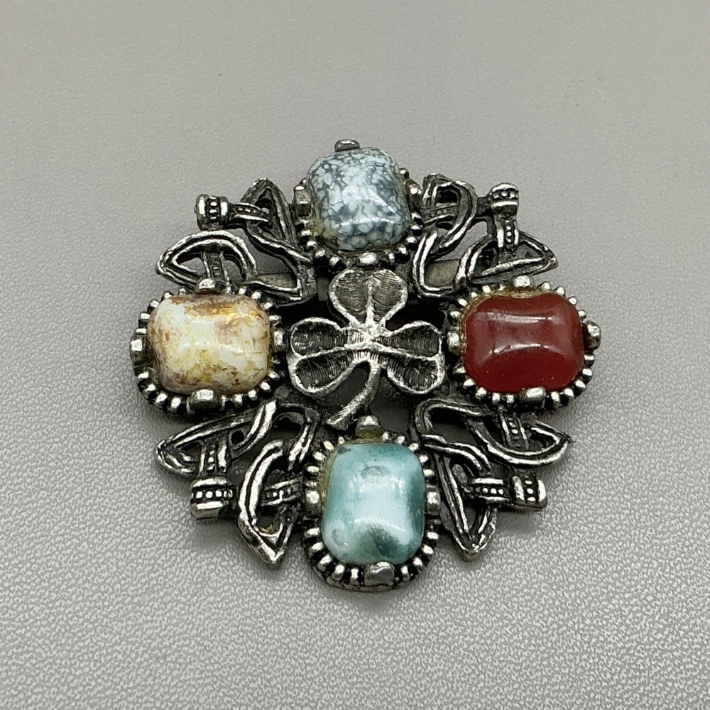 Celtic Knot Faux Multi-Stone Brooch Pin Women Silver Tone Shamrock Irish Luck